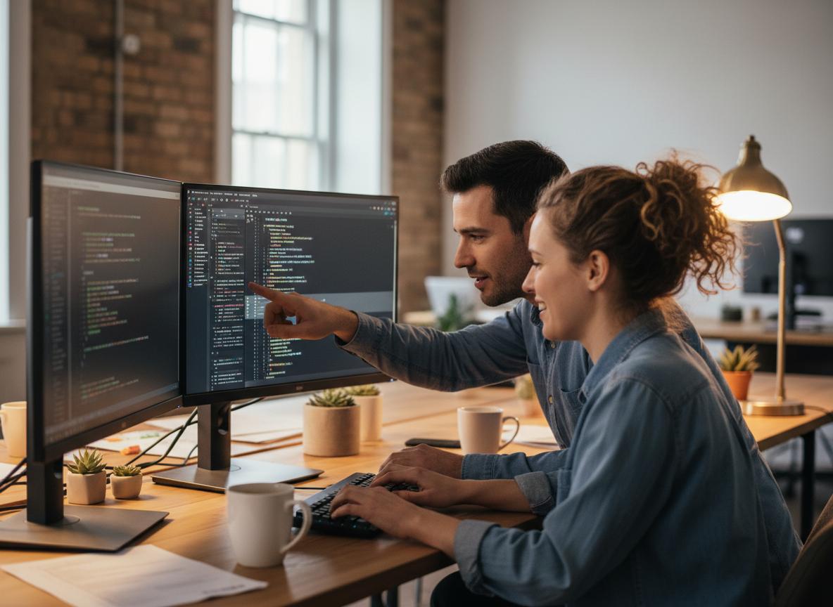 SkyMatrix culture scene showing colleagues solving a technical problem