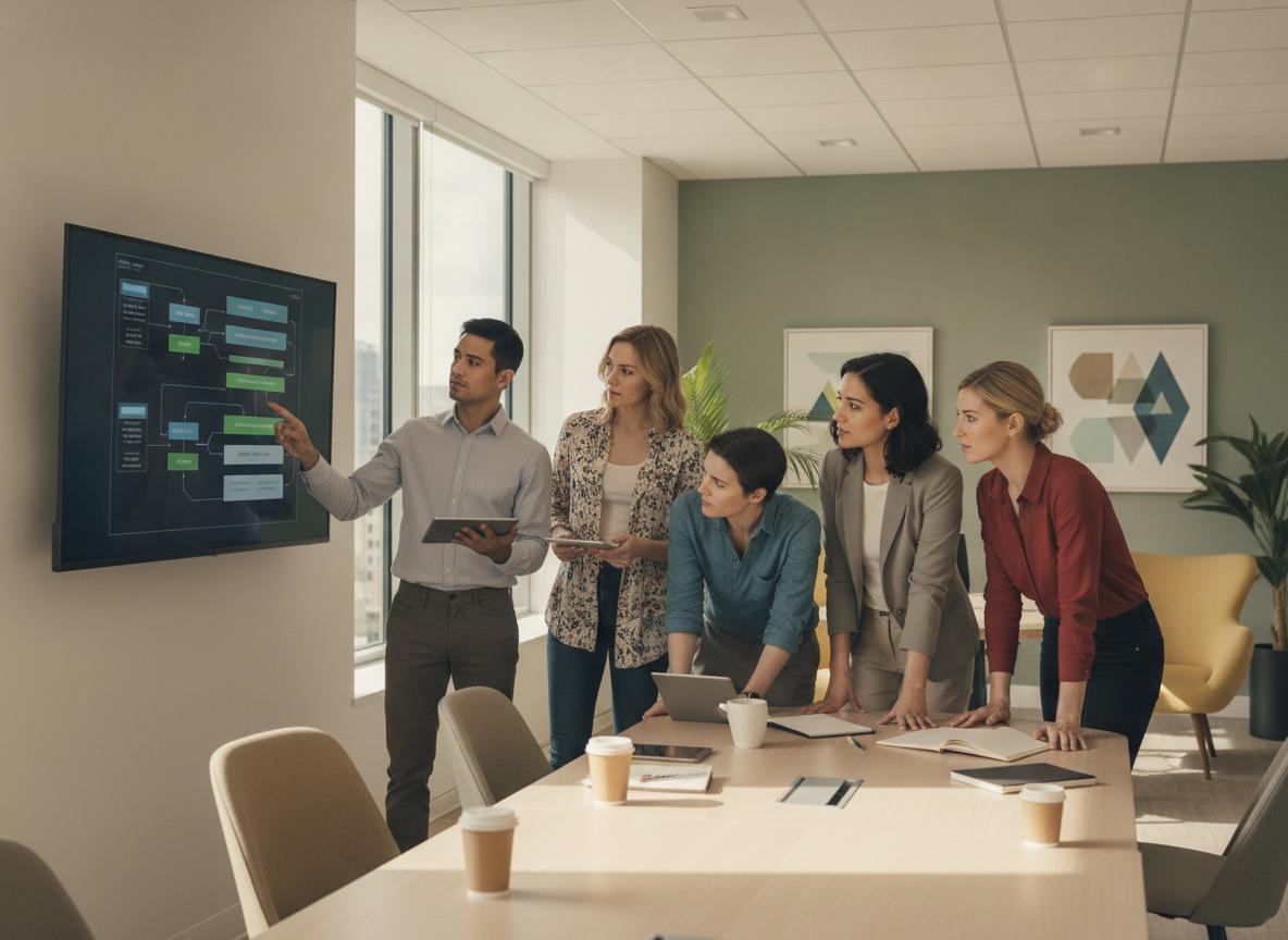 Technology team working together in a naturally lit office