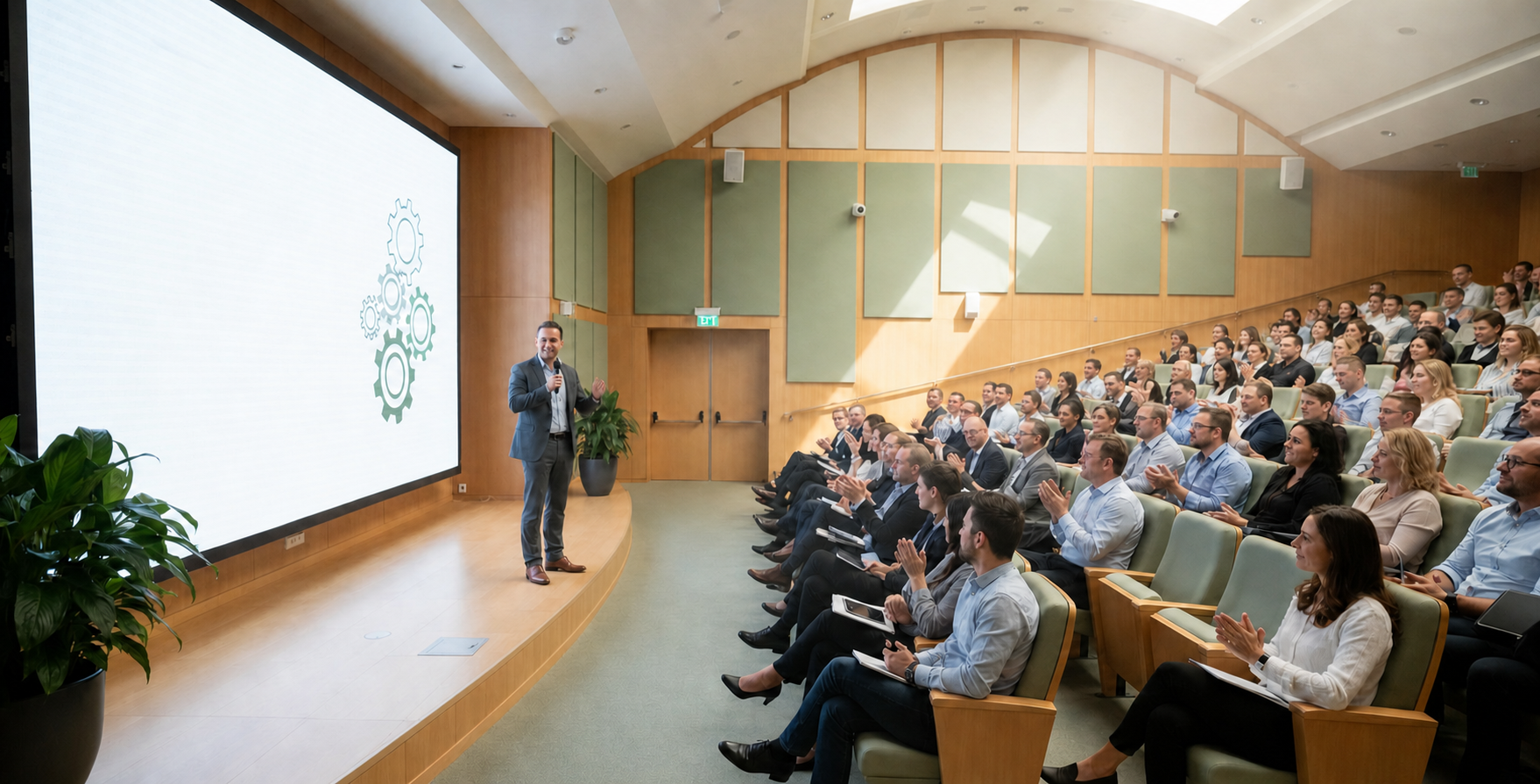 Presenter addressing an audience in a modern auditorium