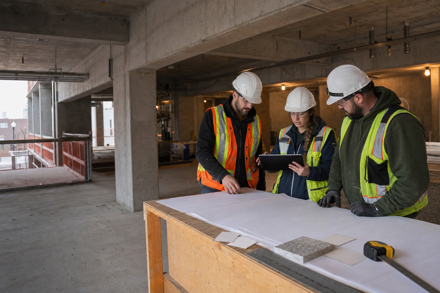 Construction team reconciling site conditions with a blank project plan