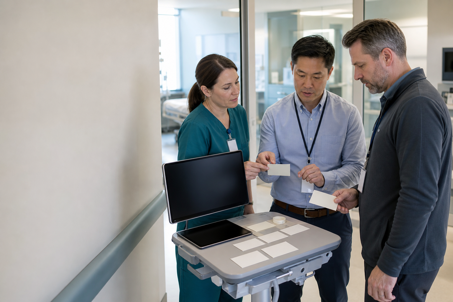 Clinical and technology specialists reviewing a care-operations workflow