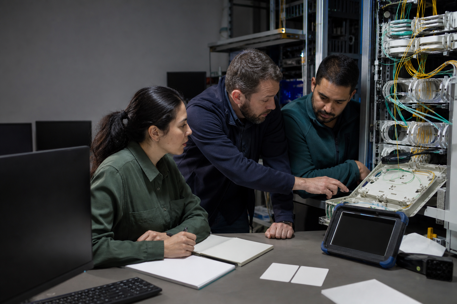 Telecommunications engineers inspecting a fiber service path